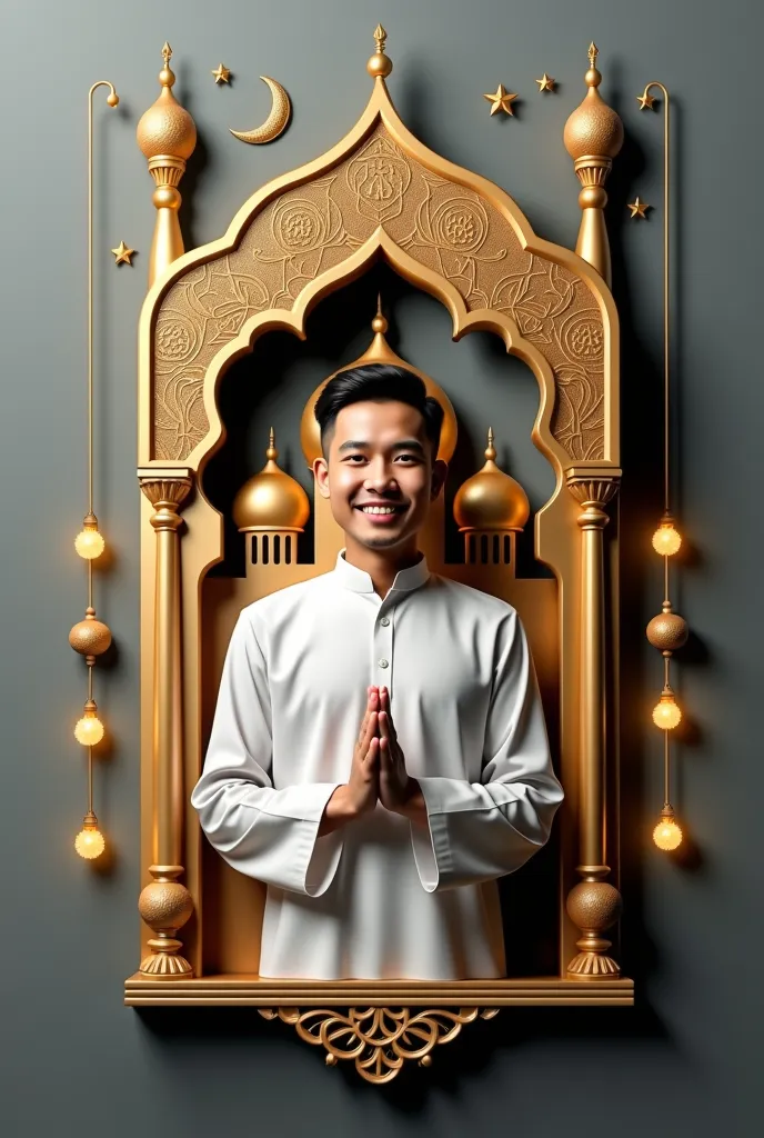 realistic 3D logo with the inscription “HAPPY DAY RAYA EID AL FITRI” with correct text. on the logo there is an Indonesian muslim man smiling and wearing a muslim shirt. standing in front of arab mosque with intricate gold engraving with front hand like na...