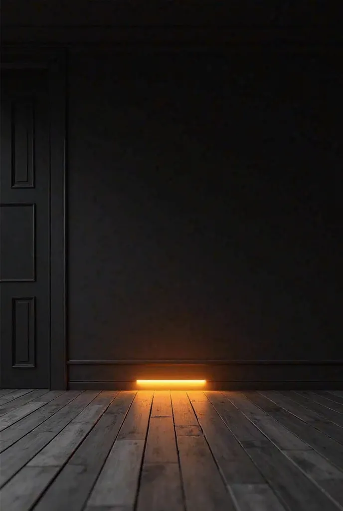 Living room with black wall, gray wooden floor, amber LED light on the floor