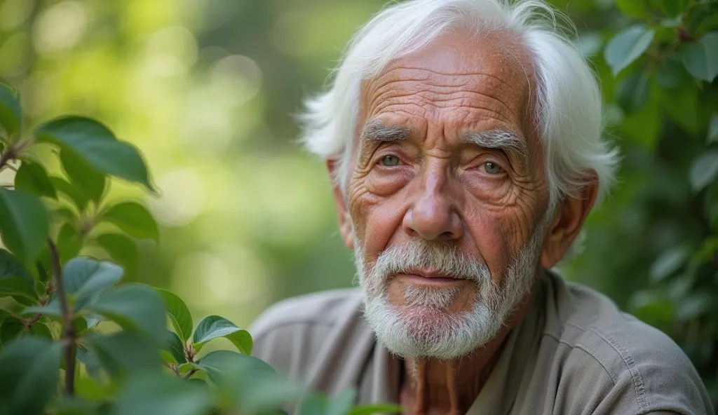 "A close-up portrait of an elderly man with white hair and light skin, looking towards the camera with a gentle and wise expression. The background is blurred with lush green foliage, creating a peaceful and natural setting. The lighting is soft and natura...