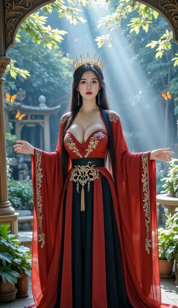 The photo depicts a woman with a striking appearance, standing in the middle of a mystical natural scene.

Character details:

 outfit : She wears a magnificent outfit, mostly red and black, with monumental details and materials often found in fantasy desi...