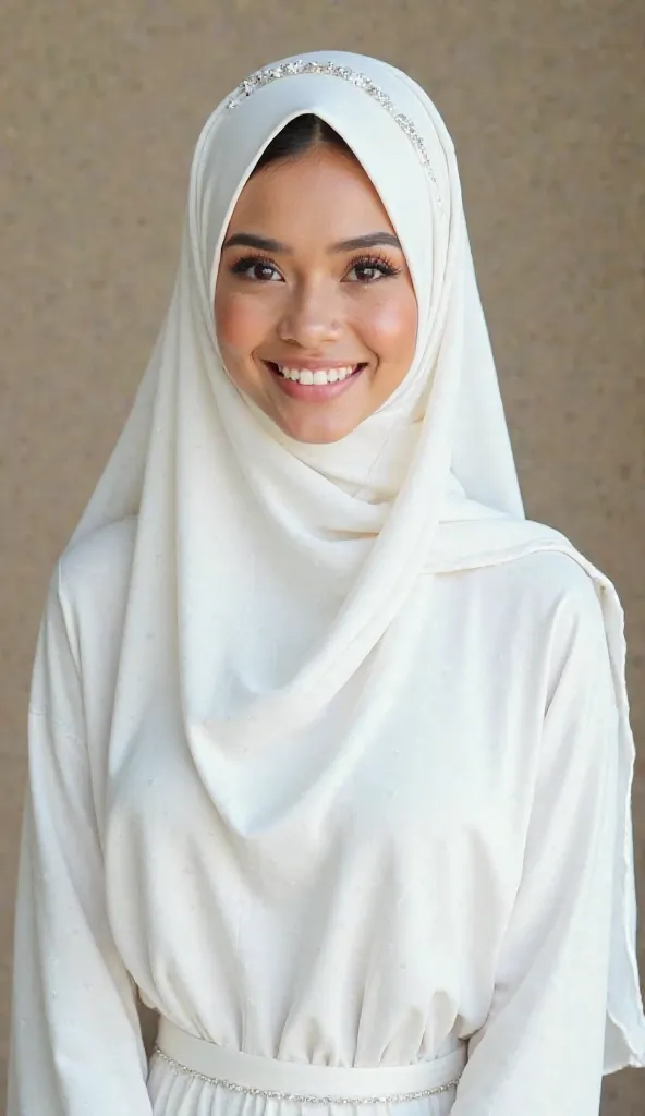 a young woman wearing a long white robe and wearing a long white hijab covering her chest. There are accessories like a wedding on the white robe she is wearing. With a cheerful face and full of smiles. Hair that is not visible