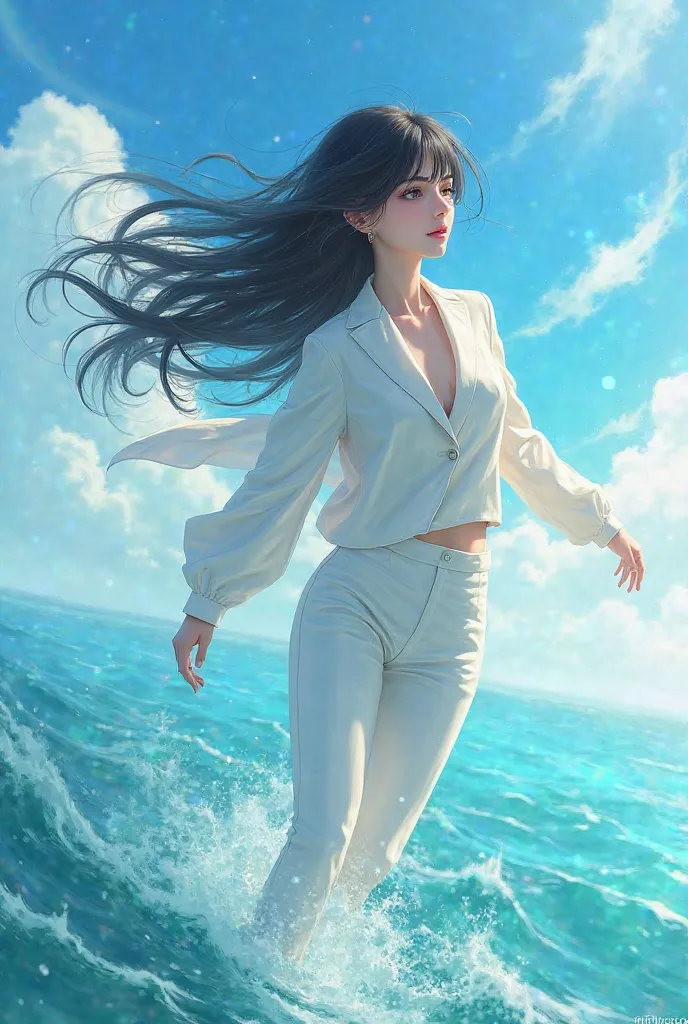 the beautiful girl is running over the sea ,long black hair and wearing white jacket,white brouser 