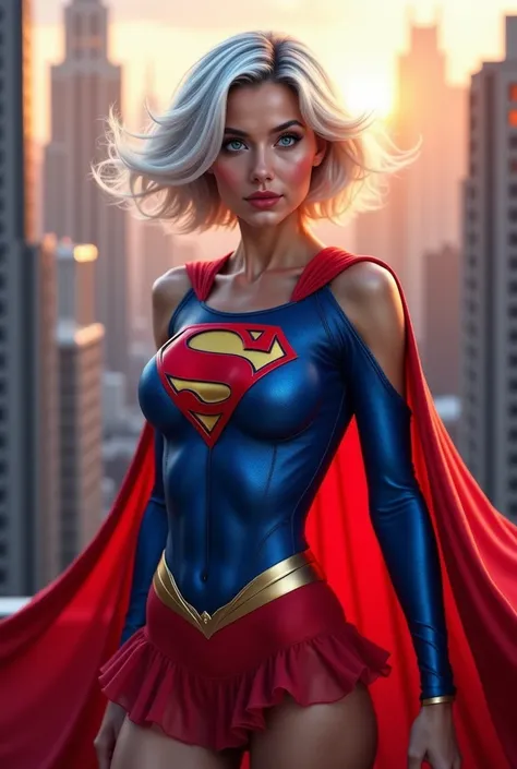 (((superheroine (((Superwoman ))), dressed in (((blue super man suit with the letter S on her chest, with a fluttering red cloak, very red short skirt,  yellow metal belt )))),  Masterpiece , сверхдетализированные обои CG Unity 8K, better quality, cinemato...