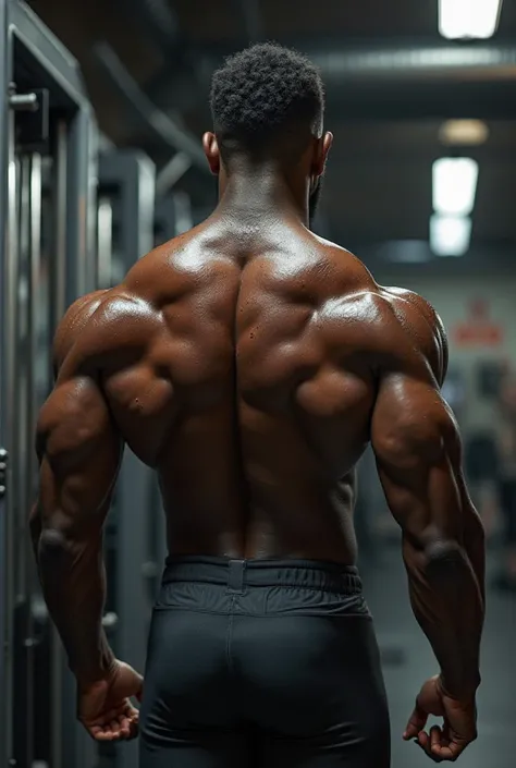 Black man, muscular, back side, gym, tight pant


