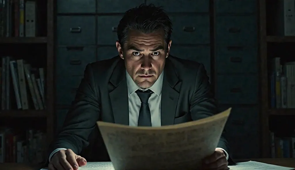 A detective in a dimly lit room reading a file with a shocked expression on his face.