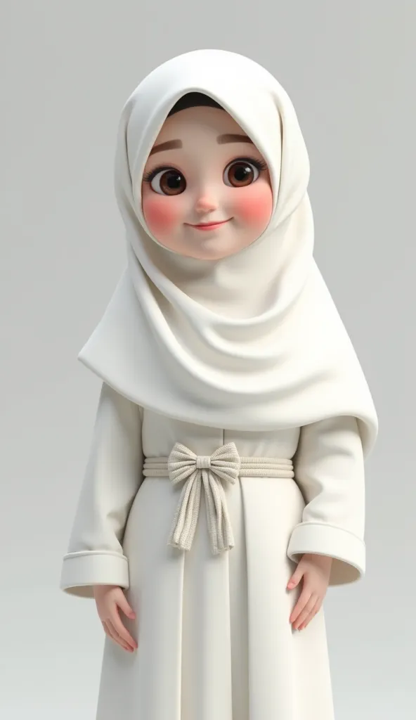 a young woman wearing a long white robe and wearing a long white hijab covering her chest. There are accessories like a wedding on the white robe she is wearing. With a cheerful face and full of smiles. Hair that is not visible,3D chubby 