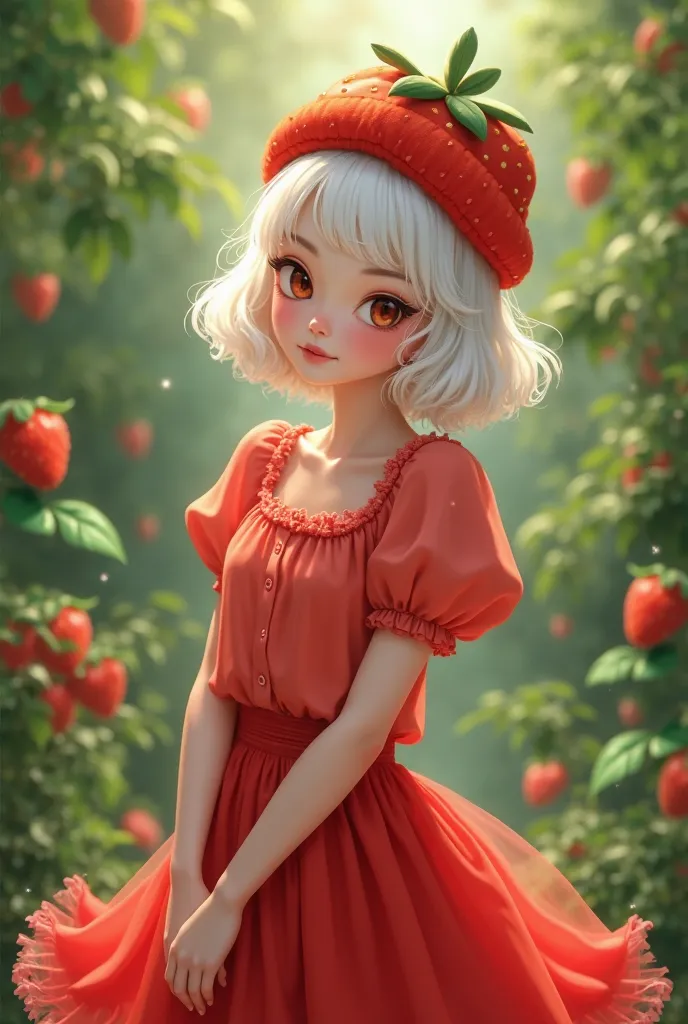 Woman with white skin short white hair strawberry shirt and red and short skirt and a strawberry hat 