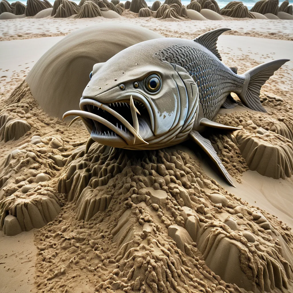 In a sand sculpture style,  Dramatic award winning nature action photography of  fish hunting  in its natural environment