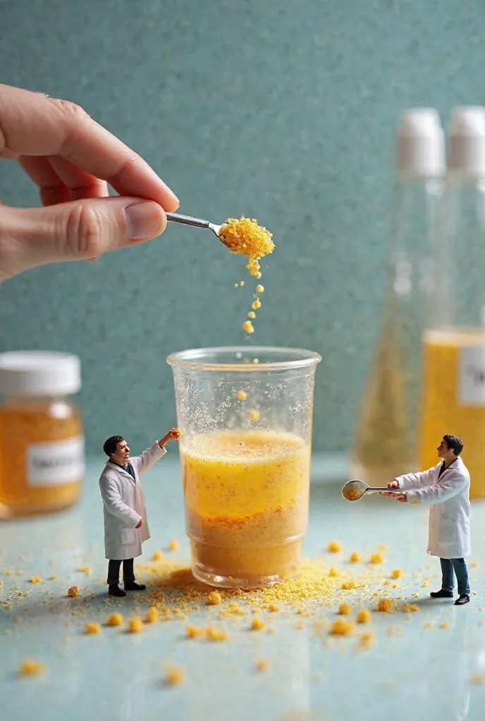 "A high-quality, professional illustration of the third step in making poultry premix using the Tiny Figures method. The image features tiny, miniature scientists in white lab coats carefully adding water-soluble vitamins (B-complex, C) to the premix blend...