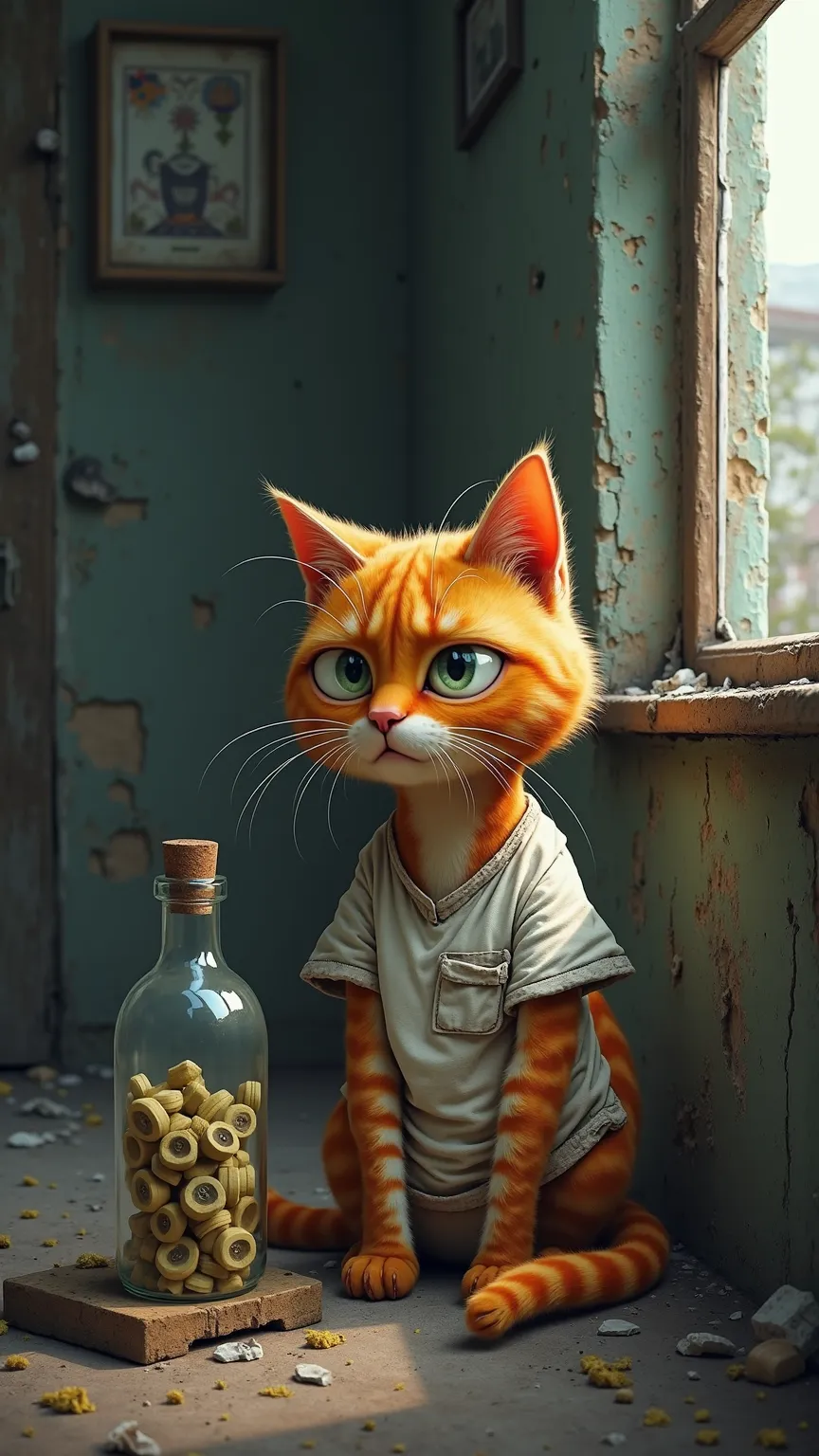 shot from inside a old house where you can see the street from the window and a sad orange cat  (wearing a old dirty white shirt with openings in it) is putting money inside a glass bottle 