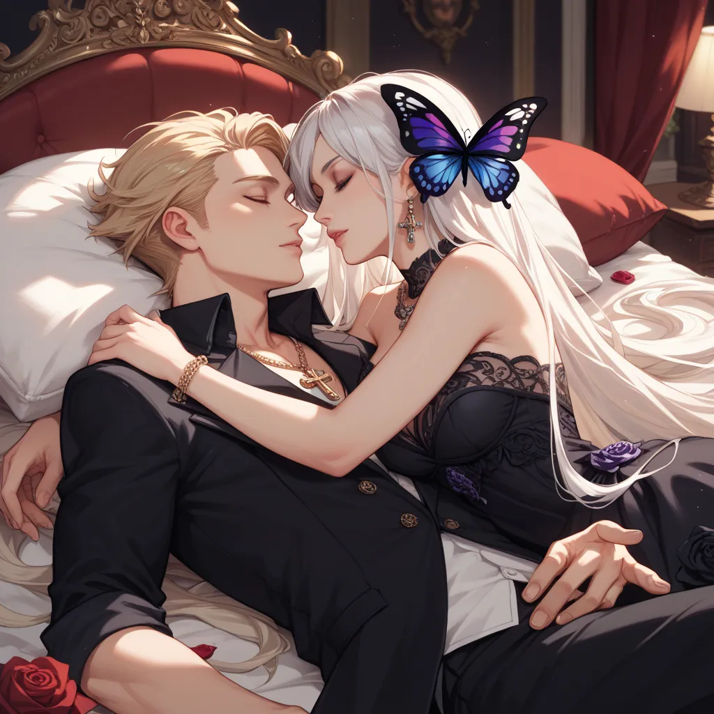 Couple sleeping together in bed. Girl with very long white hair with purple. Black dress. Blond pirate boy with very long hair. Large cross necklace. Sensual anime. elegant room . Roses and Skulls. Butterflies.