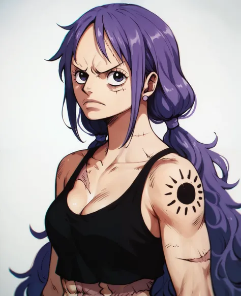 A character from the anime one piece. A woman, purple long hair, two low pigtails, many black traditional tattoos, best quality, scars, black top