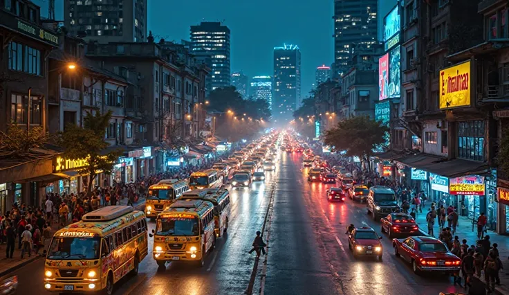 An aerial view of Nairobi at night, bathed in a stunning display of city lights, neon signs, and vintage street lamps. The skyline is a mix of modern skyscrapers and older colonial-era buildings, their windows glowing with warm yellow and cool blue lights....