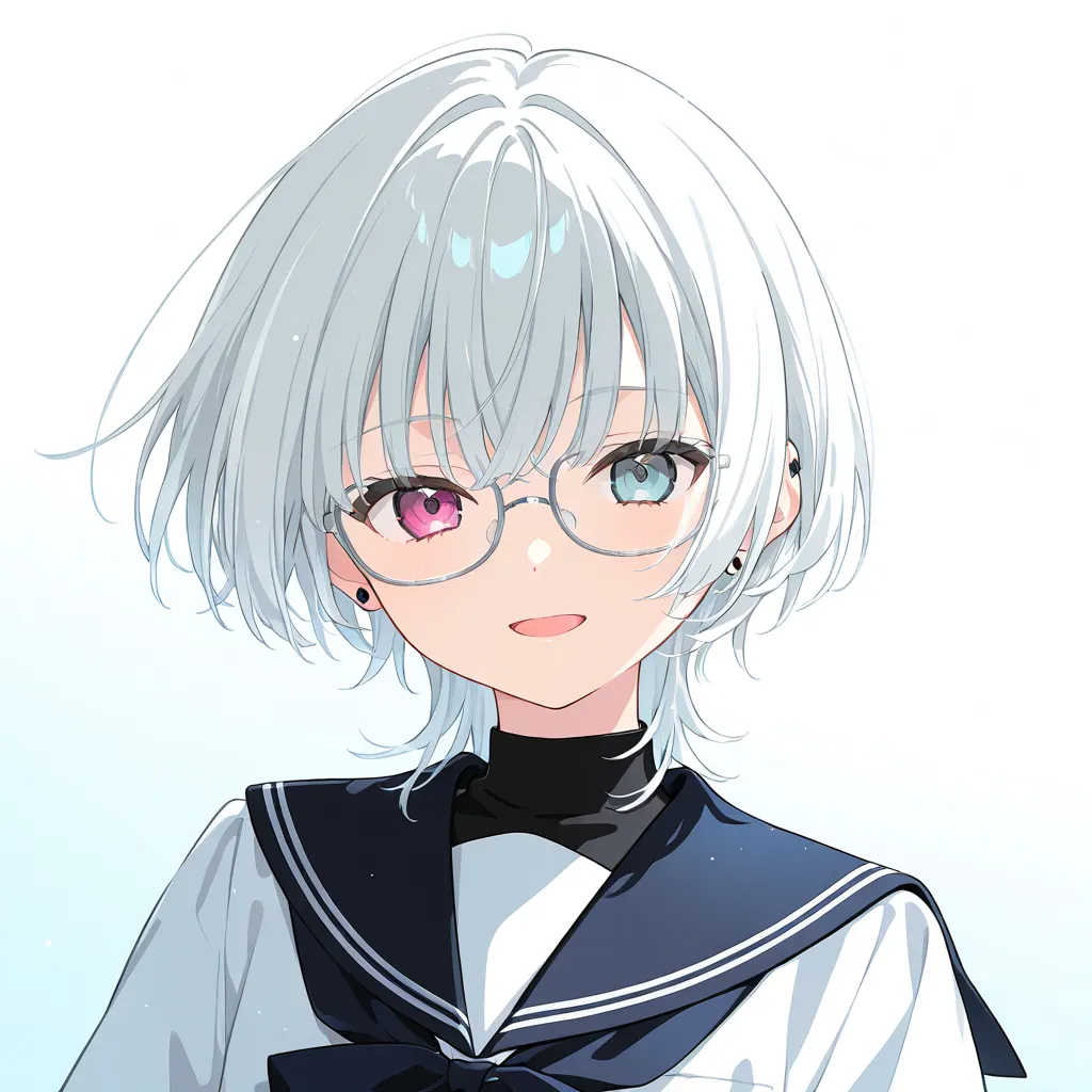 A stylish anime-style VTuber with white wolf-cut hair and heterochromatic eyes (one blue, one red). They wear thin glasses and a modern Japanese school uniform with a navy blue and white color scheme. Their expression is cheerful, with a slightly open mout...