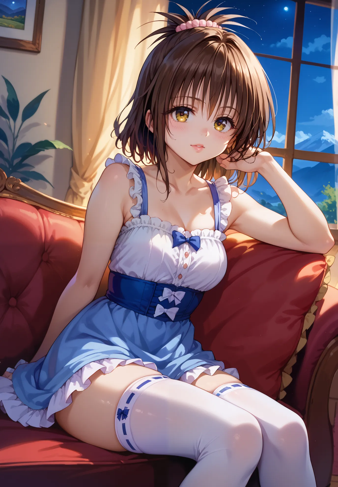 1girl, Yuki Mikan, Tu Love Ru, brown hair, sitting on a couch, thigh highs with ribbons, alluring pose, BREAK, night time, mountain cottage, cinematic lighting,