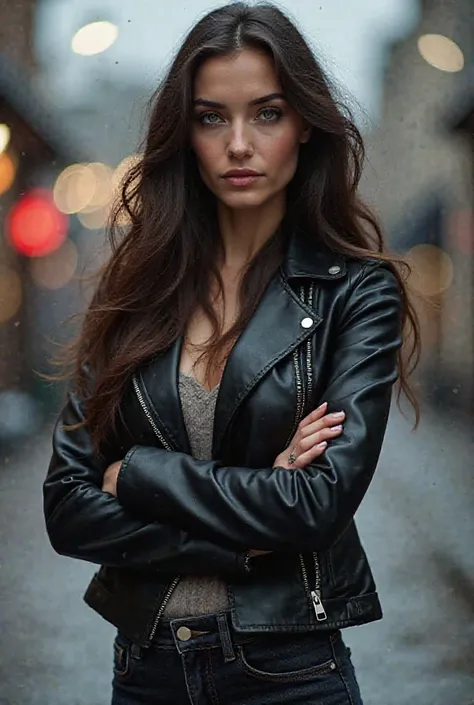 "Create an image of a confident, strong woman in her mid-20s. She has long, flowing dark brown hair with subtle waves. Her expression is calm but assertive, with piercing green eyes. She is wearing a sleek black leather jacket, with silver zippers, paired ...