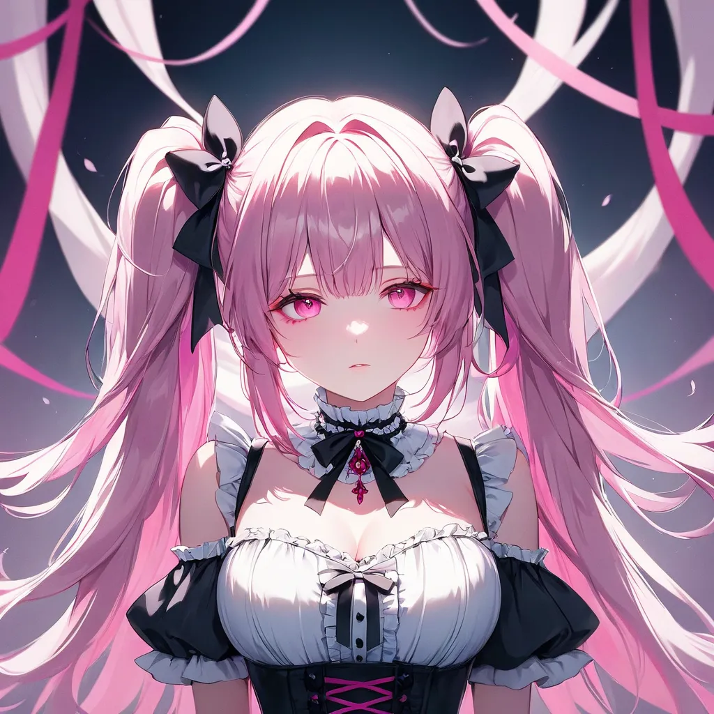 1 Girl, Pink Eyes, Gothic Lolita, Light Pink Hair, Twin Tails, Hair with Ribbons, Large Breasts, Simple Background