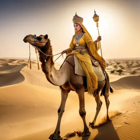 (a Desert Princess), dressed in a magnificent robe and adorned with a golden headdress rides a beautifully decorated camel through sand dunes, carrying water bags and supplies on its back. The princess held a golden scepter, guiding the way forward, with c...