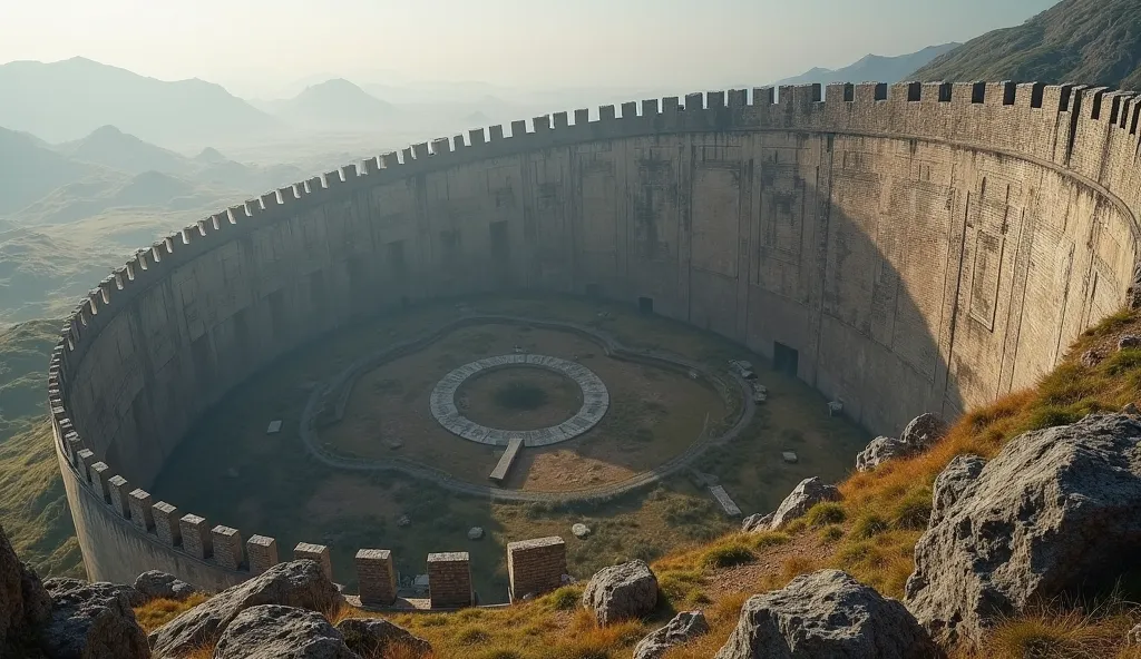 Composition of a wall surrounding the country、looking up at it from the ground。The wall is curved and surrounds the circular country。