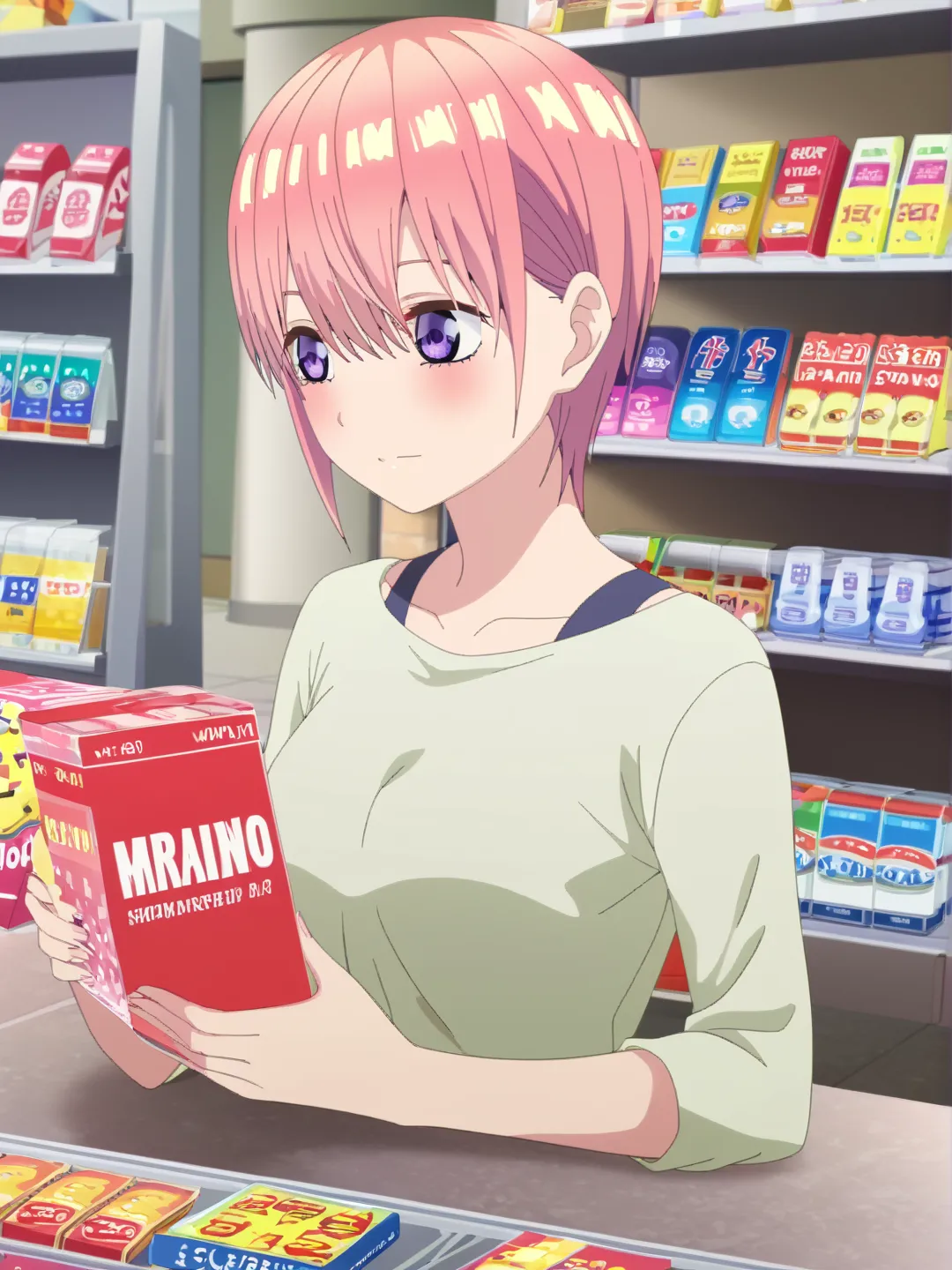 Best Quality、masterpiece、1 girl、 Nakano Ichika、short hair、pink hair、Shiny Hair、 eyebrows hidden by parasoled hair 、hair between eyes、bangs、purple eyes、I'm shopping at a store