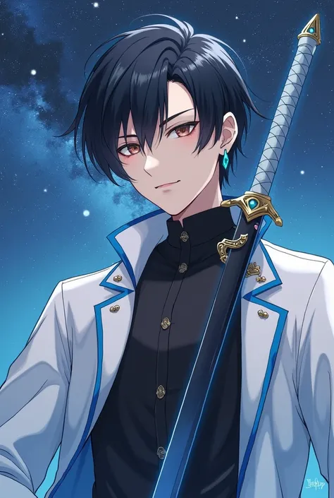  youth,handsome, fresh , black hair,brown eyes,Sugar face ,Baby Face,swordsman,has a jet black sword,black shirt,western style white coat(The blue line), blue earrings, Godley, Japanese illustration style, anime, Godley, 最強のswordsman,Wear a blue aura,Starr...