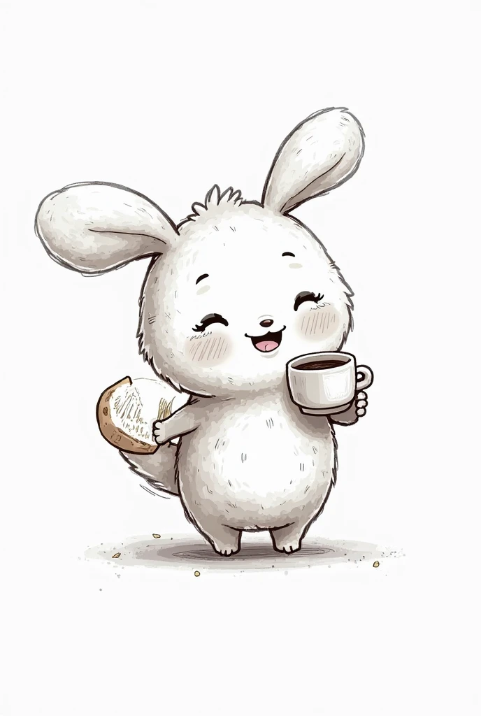 (photorealism:1.2), new character, fun, cute, one hand coffee ane hand bread, cartoon, iustration, black and white, vector, soft lighting, no background