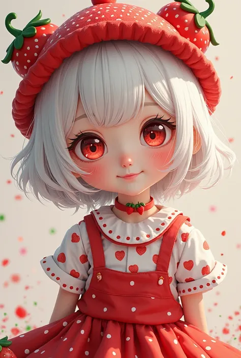 White-skinned girl short white hair red strawberry shirt and red mini skirt and a strawberry hat 