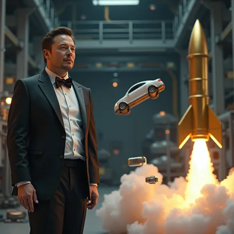 Elon Musk, in a sleek tuxedo, attempting to launch an Oscar-shaped rocket but accidentally shooting a model car into space, with a confused and shocked expression on his face.