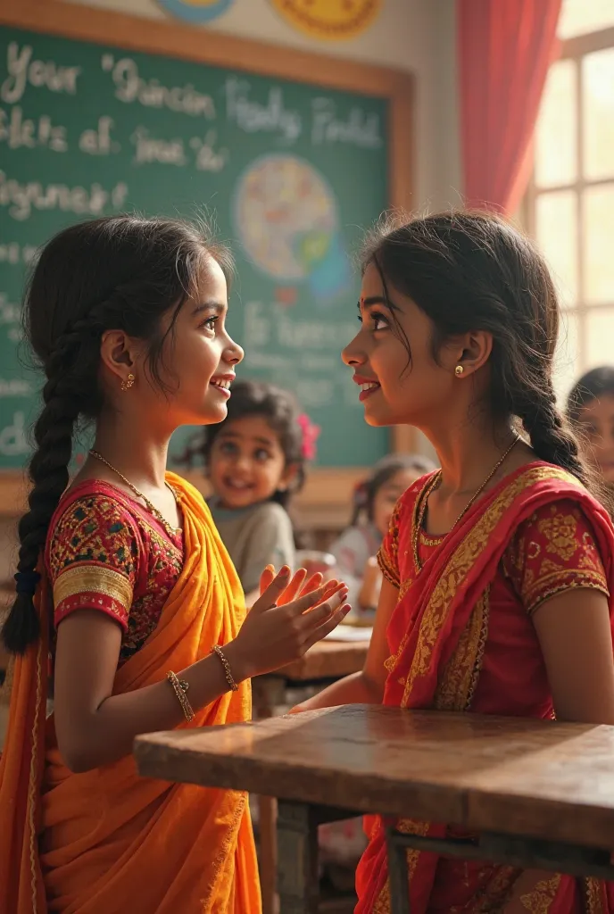 Two indian girl talking in classroom 