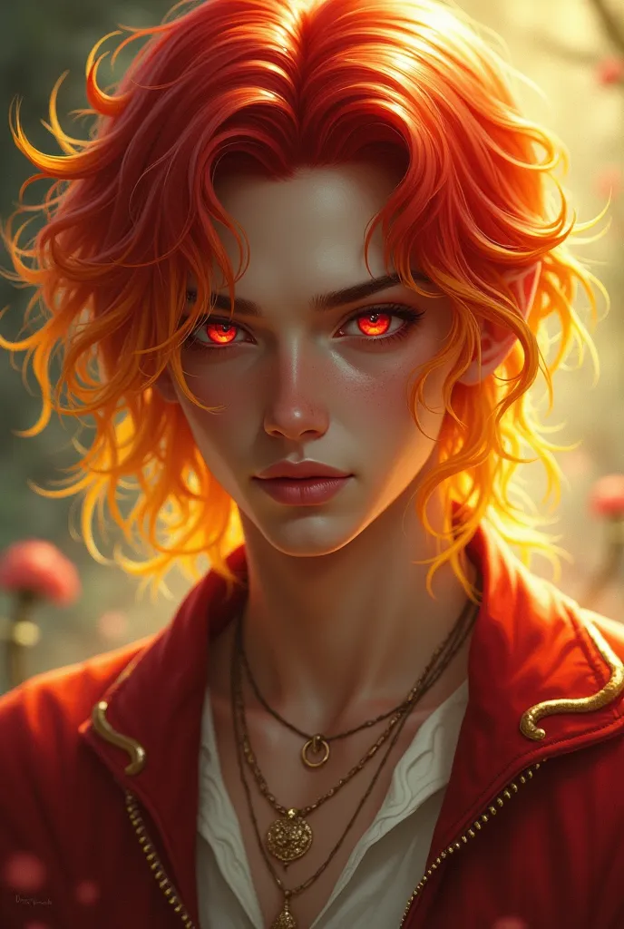 Make uke male aries character with a siren red eyes and a gradient of red and yellow hair