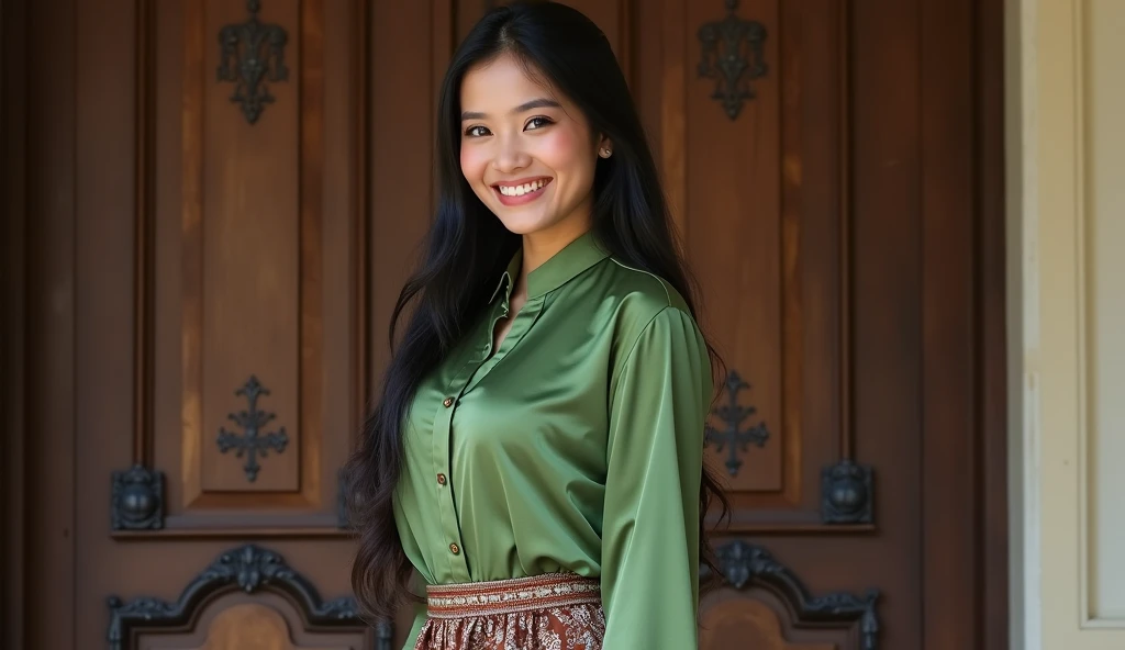 beautiful indonesian woman, Woman face of Indonesia, 20 years old, Langsat yellow skin, sweet smile , wearing green kebaya, wearing typical Javanese brown batik bottoms,  hair bound,  sexy pose , pose hot, big breasts, big hips, postur chabby, slightly chu...