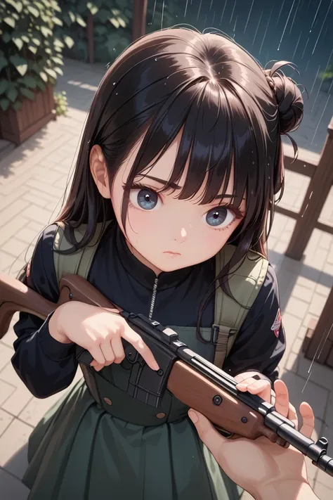 a wilderness like the end of the world。sit。(((Holding a weapon in hand, gripping,Automatic rifle))),(high angle), dark hair,( long hair up to waist),((open eyes))((((rain)))),((closed mouth)),girl,(a petite girl),Realistic Colors and Textures,Best Quality,...