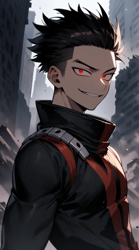 1teenager, male focus,athletic body, tall, fair skin,undercut slick back hair,black hair,red eyes, boku no hero academia,eyes on camera,black hero outfit,masterpiece, best quality, very aesthetic,fallen building, black smoke,evil smile, creepy eyes,dramati...