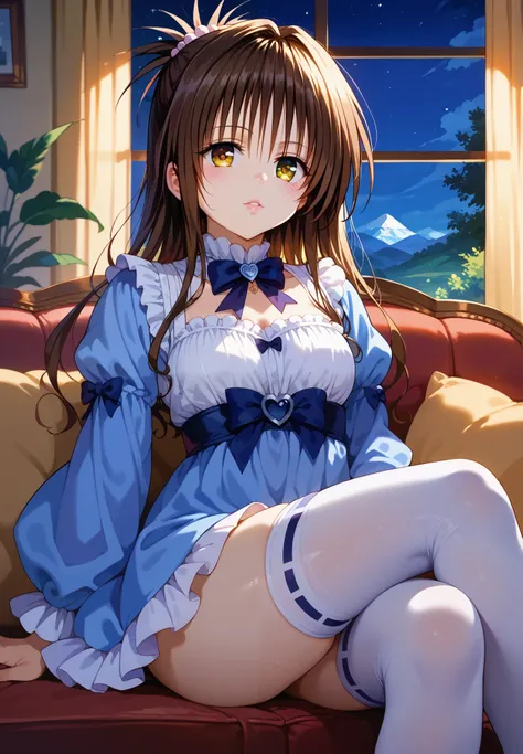 1girl, Yuki Mikan, Tu Love Ru, brown hair, sitting on a couch, thigh highs with ribbons, alluring pose, BREAK, night time, mountain cottage, cinematic lighting,