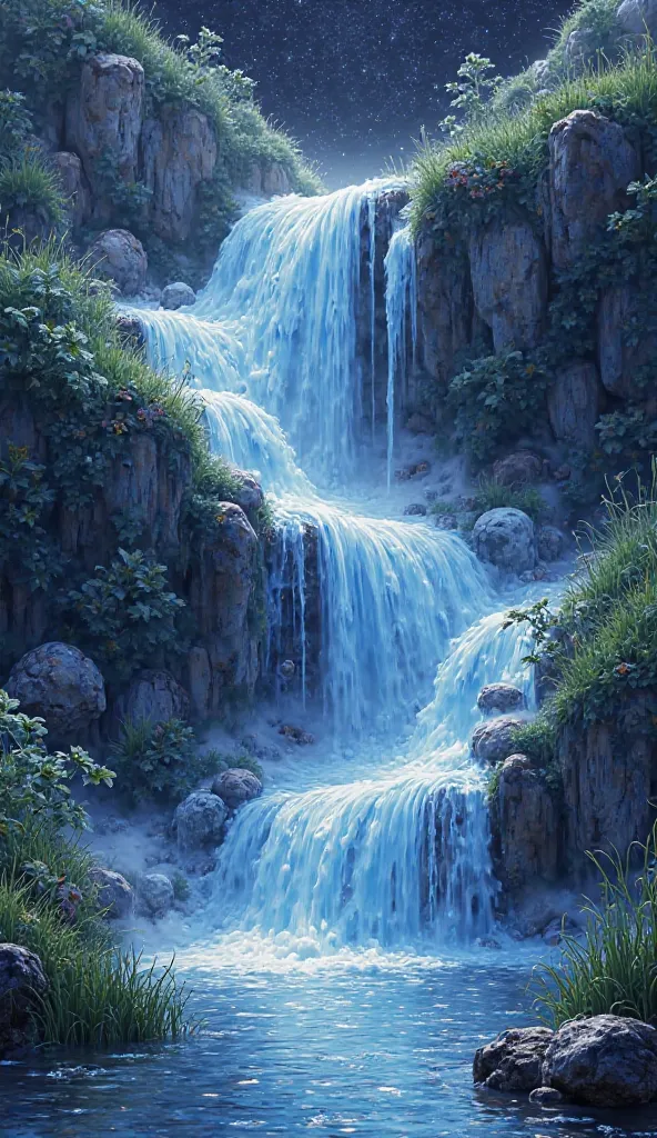 Create a realistic 3D  image abstract art of an imaginary waterfall on the space, having three to four steps with some green grasses  around.make it look like a real painting 