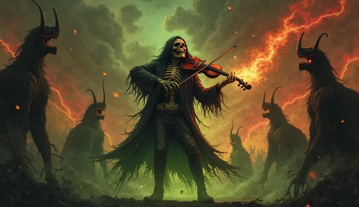 A skeleton wearing a leather jacket and chains plays a violin that burns in green flames in the middle of a stage surrounded by gargoyles and fire. His open jaw seems to scream with every note, while flares of energy explode with every movement of the arc....