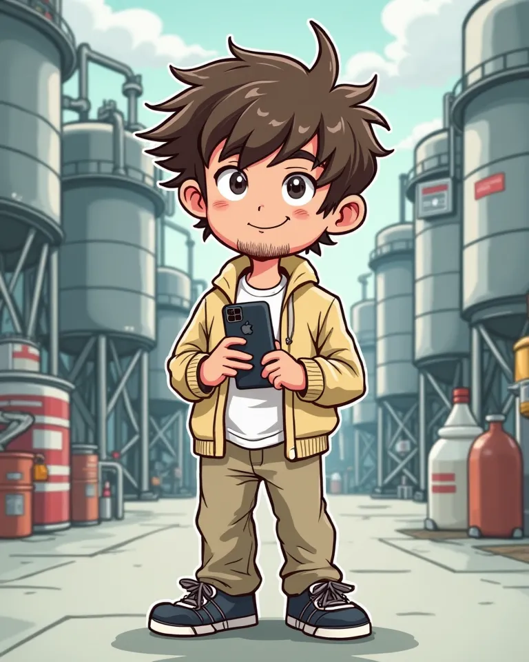 A cartoon chibi-style illustration of a young man with messy, medium-length C-shaped hair and light stubble. He is wearing black sneakers, beige pants, a white t-shirt with a light beige-yellow sweater over it. In his hands, he holds a black iPhone and a c...