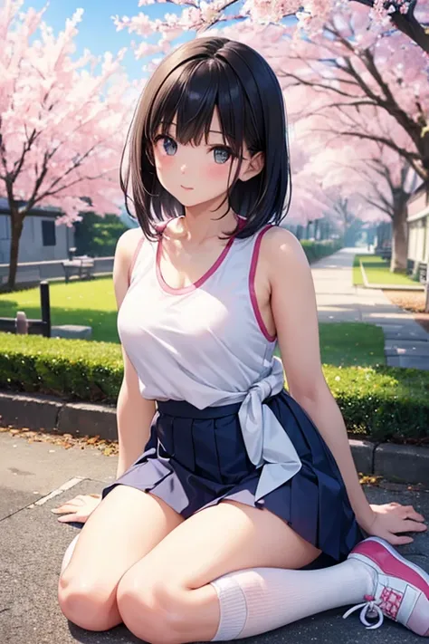 ((8k,Greatest Masterpiece,realistic images,Japanese,Perfect human anatomy,Body balance,Complete Proximity,  girl )),from before, innocent face, gentle eyes,like, beautiful feet, short white tank top ,short navy blue skirt, black hair, semi-long,noon, brigh...