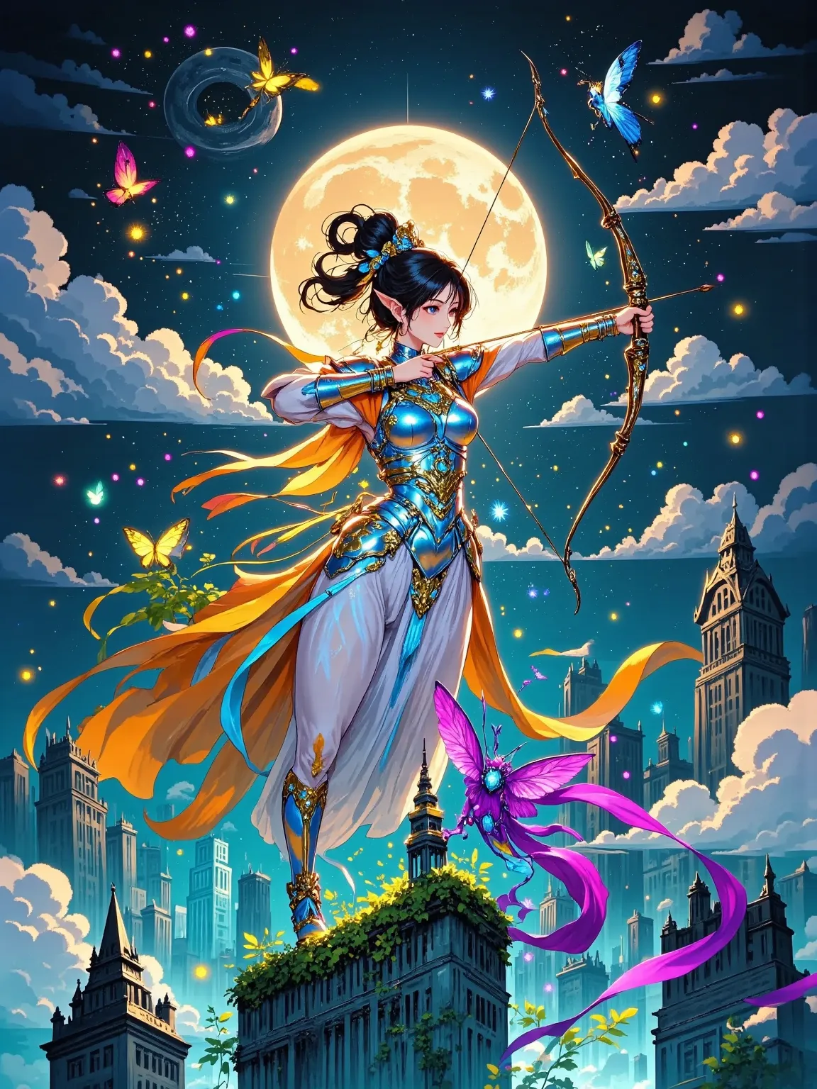 (masterpiece, best quality:1.2), 1girl, Moonlight filters through emerald canopies onto floating island clusters, an elven archer (full-body close-up, left hand gripping the carved handle of a longbow, right hand drawing the bowstring to ear level forming ...