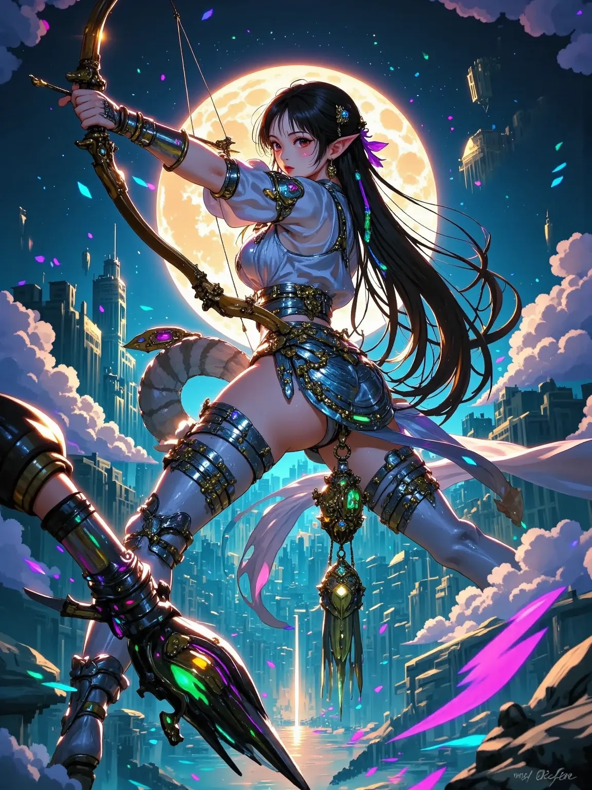 (masterpiece, best quality:1.2), 1girl, Moonlight filters through emerald canopies onto floating island clusters, an elven archer (full-body close-up, left hand gripping the carved handle of a longbow, right hand drawing the bowstring to ear level forming ...