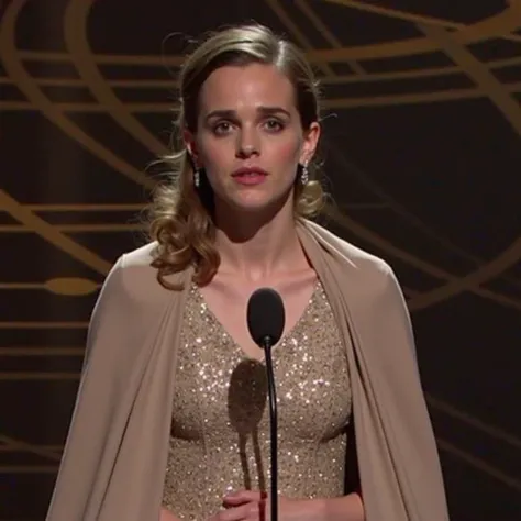 Emma Watson’s Unpredictable Cloak:
Emma Watson at the Oscars stage, with her cloak getting caught on the podium, her expression showing mild shock as she tries to discreetly pull it free, but it keeps unraveling.