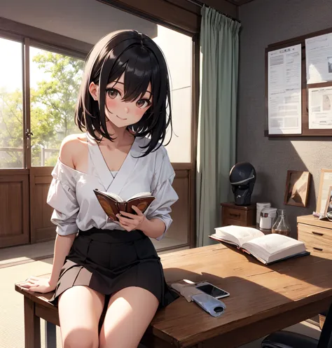 medium hair, shoulder length, black hair, hair between eyes, looking at the camera, cowboy shot, mini skirt, in the room, reading the bonk, sit on chair, happy, 15years old, cowboy shot, brown eyes, japanese, a girl