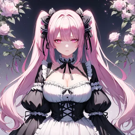 1 Girl, Pink Eyes, Gothic Lolita, Light Pink Hair, Twin Tails, Hair with Ribbons, Large Breasts, Simple Background