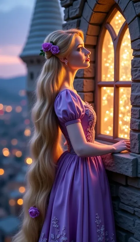 A princess inspired by Rapunzel, wearing her iconic lavender dress with puffed sleeves and a flowing skirt adorned with floral patterns. Her long, golden hair cascades down in elegant waves, adorned with small flowers. She stands by the window of a tall st...