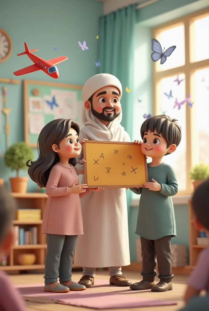 Muslims boys and a girls holding a 3d Big maths shapes front view in a happy mood in a classroom with muslims teacher and catching him with a stand chart and books on a ground and aeroplane and butterflies are flying beautiful view 3d
