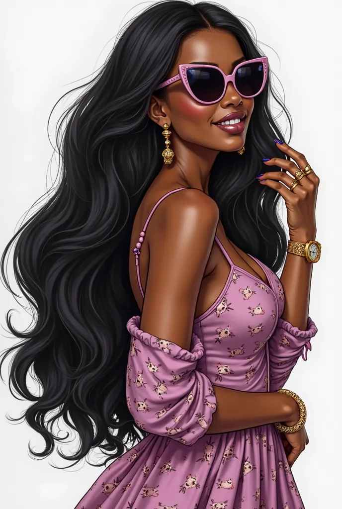 pretty African-American art type fair skin has very long and smooth black hair on painted lips Earrings*Large gold, watch and gold rings on her hands.She wears kitty clothes printed kitty dress coat elegant lila de kitty touching black heart lenses brand "...