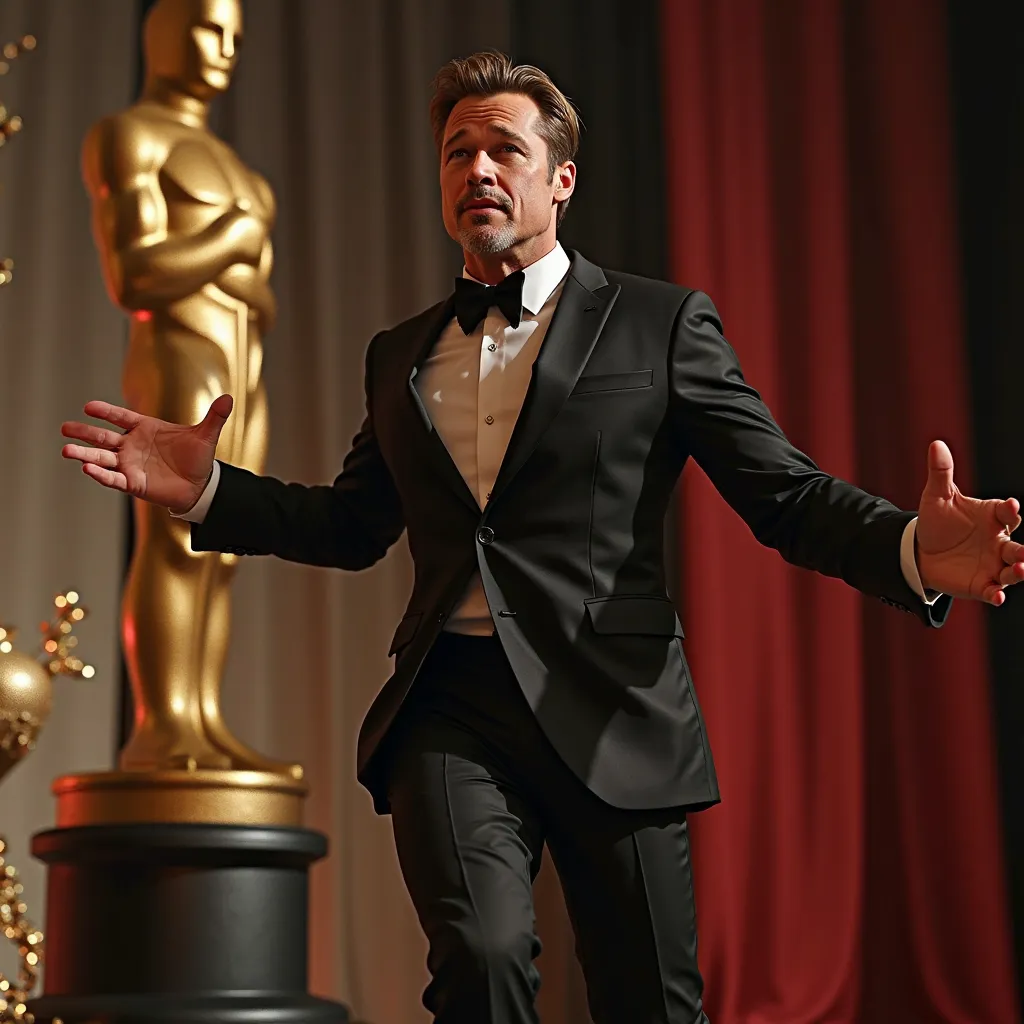 Brad Pitt walking up to the Oscars stage, but he bumps into a stage prop, causing it to fall, his face showing genuine shock and confusion as he tries to recover.