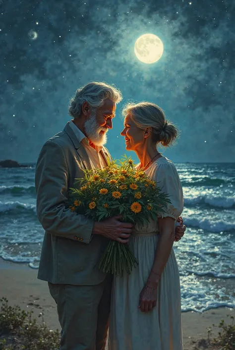 beach, sea, stars shine. A bearded gray-haired grandfather gives his wife a large bouquet of marijuana flowers and blossoms 