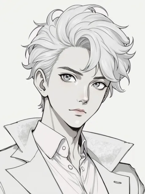 handsome guy, nice hair, detailed hair, complex hair, dynamic hair, hair with volume and texture, complex and hyper detailed drawing, manga style, drawing, no color, white background, Shinichi Sakamoto's style