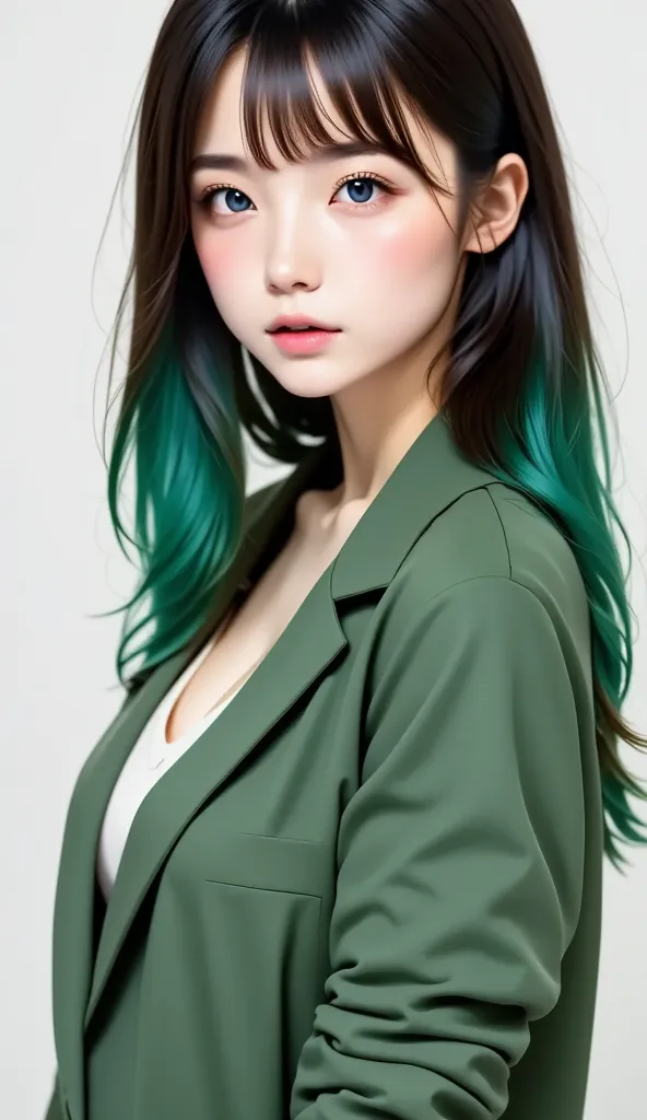 Best Quality、masterpiece、 RAW photos 、film grain、realistic、white background、 18 year old woman、 Beautiful Face with Perfect Golden Ratio、green jacket casual clothes、They have black hair and green tips、 hair that reaches the waist 、Character Setup Diagram 、...